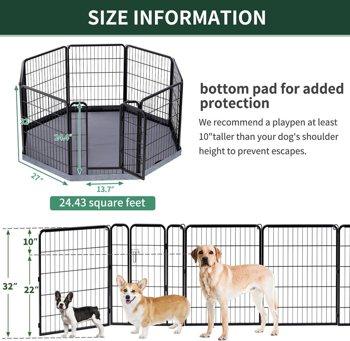 PETIME heavy-duty playpen size chart with dogs of different heights